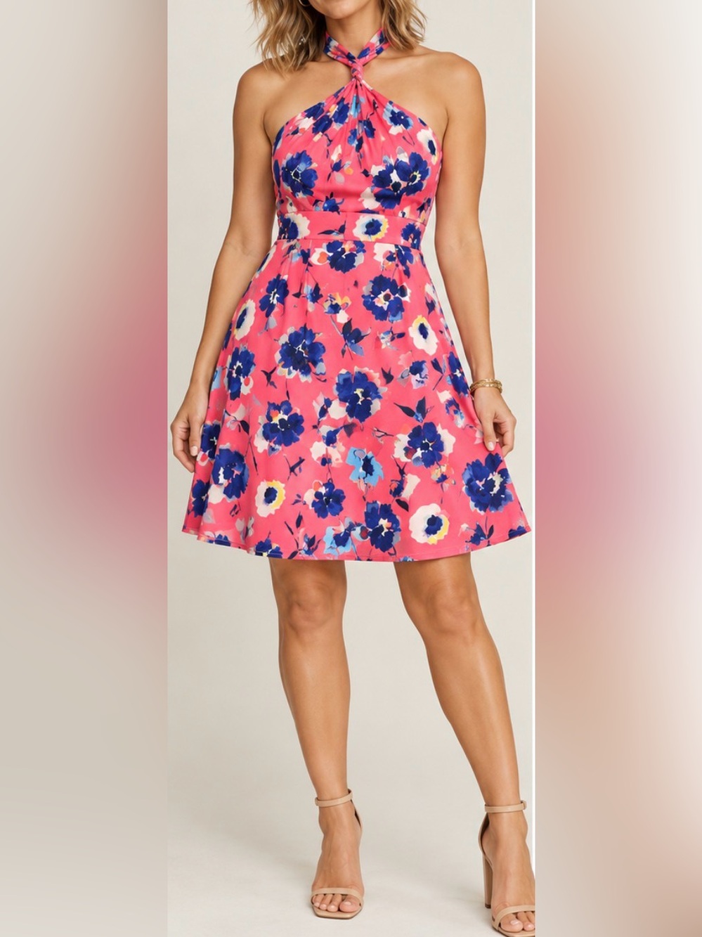 Hutch Pink Halter Skater Dress with Blue Floral Print